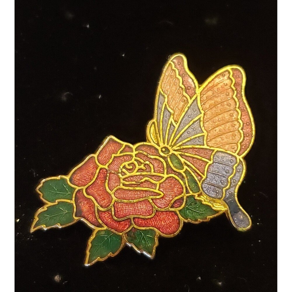 Vintage Unsigned 1980s Rose & Butterfly Metal Pin In Red, Pink, Purple & Green